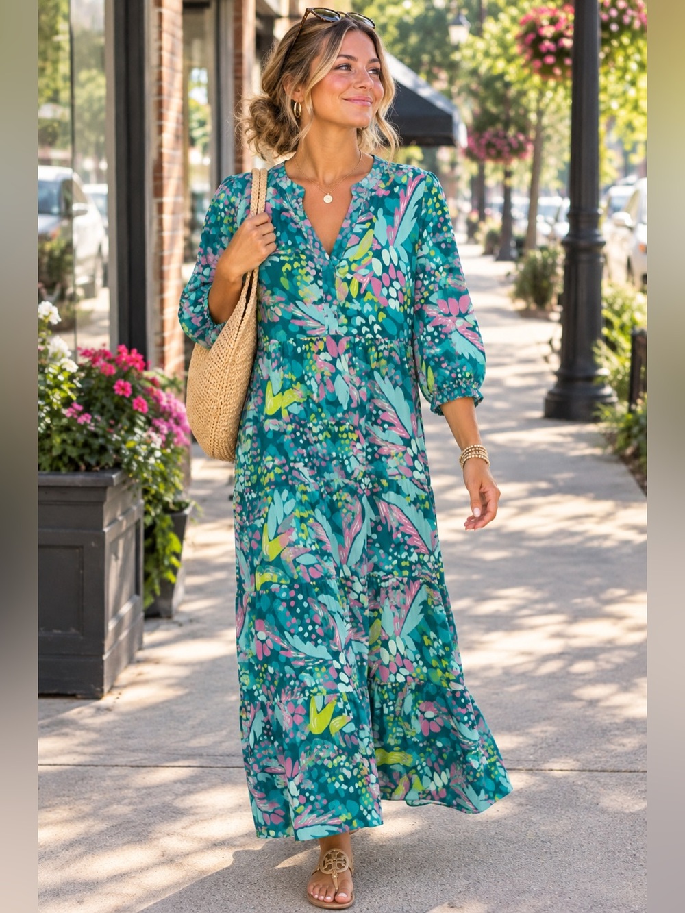 Teal Floral V-Neck Maxi Dress - Unbranded
